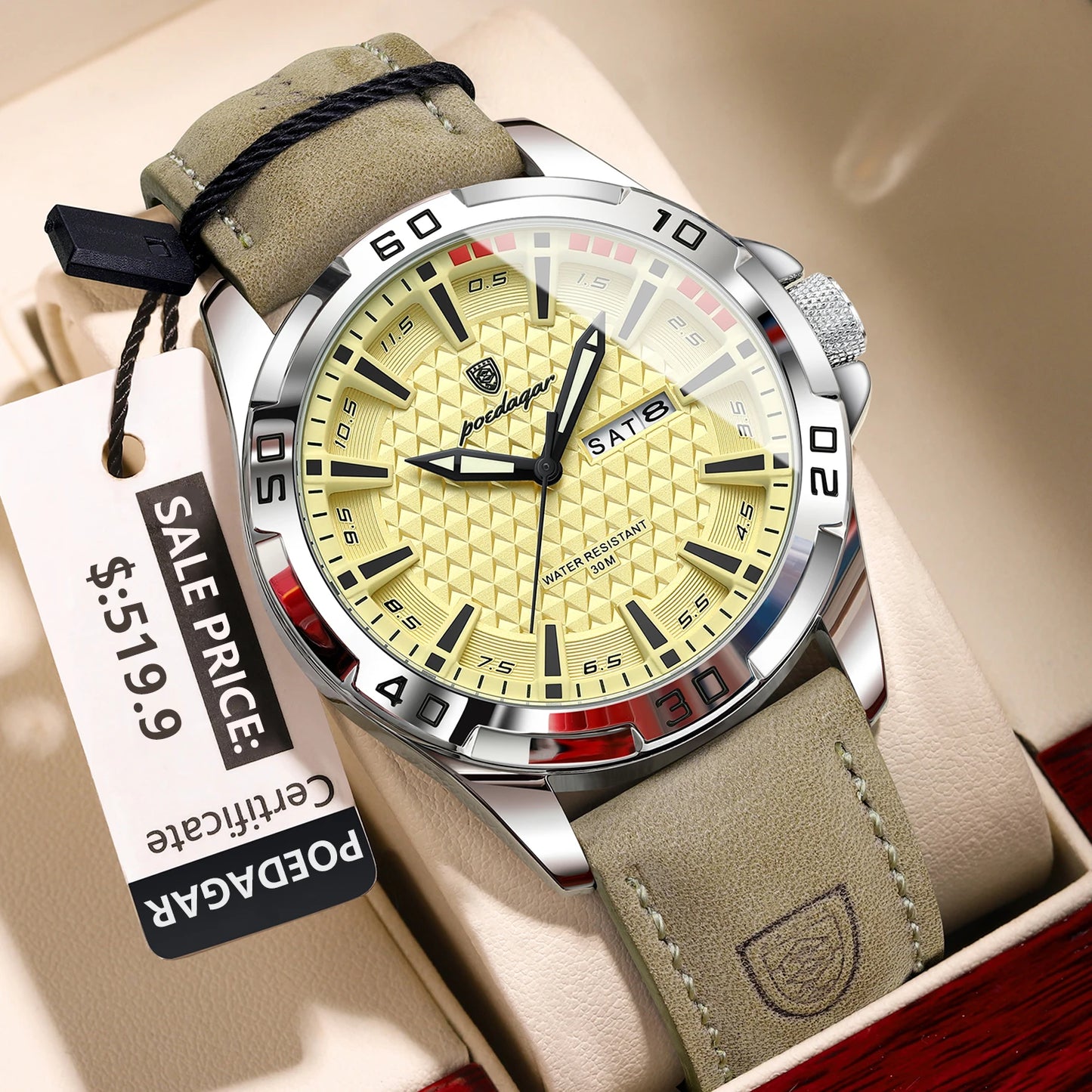 POEDAGAR Prestige™ | Reloj Masculino de Lujo con Correa de Cuero y Calendario Completo