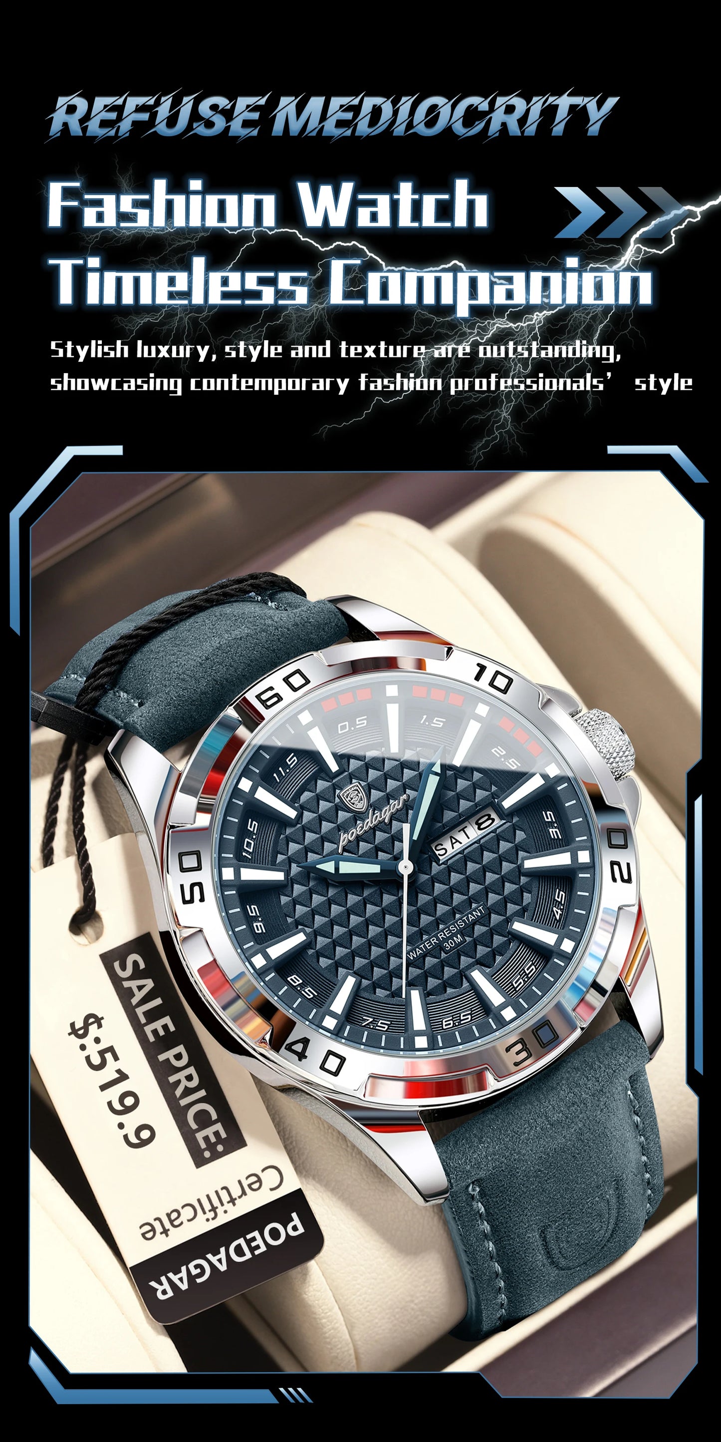 POEDAGAR Prestige™ | Reloj Masculino de Lujo con Correa de Cuero y Calendario Completo