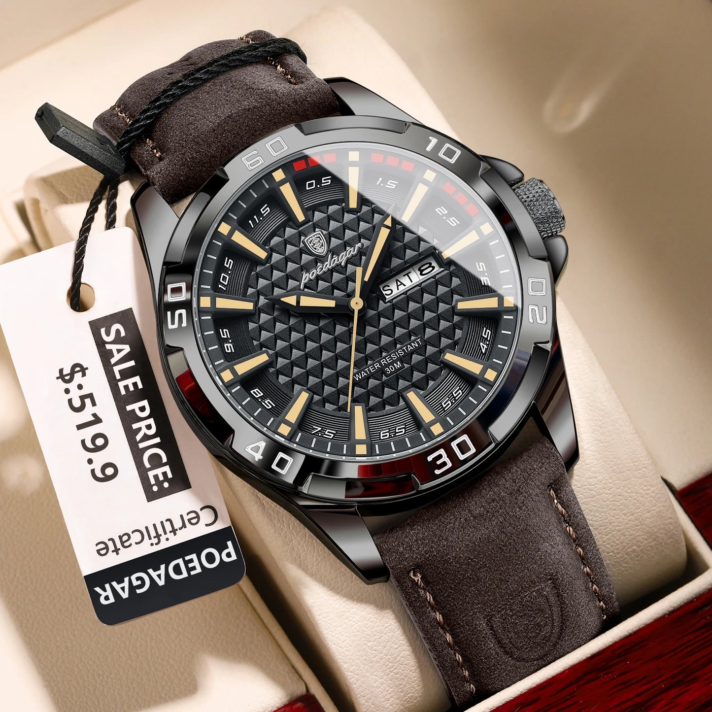 POEDAGAR Prestige™ | Reloj Masculino de Lujo con Correa de Cuero y Calendario Completo
