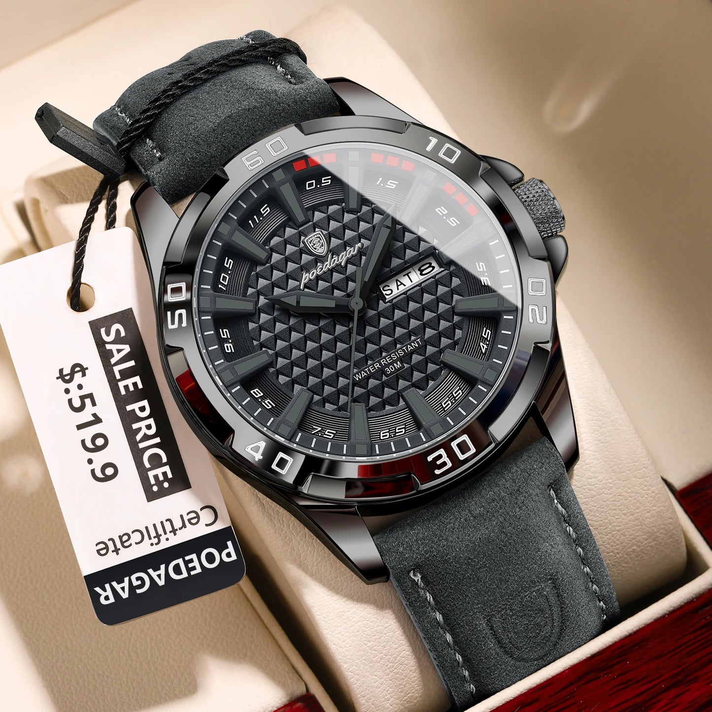 POEDAGAR Prestige™ | Reloj Masculino de Lujo con Correa de Cuero y Calendario Completo