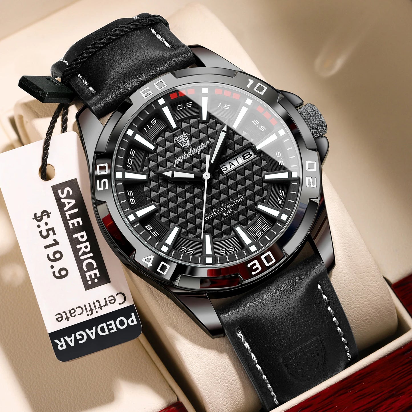 POEDAGAR Prestige™ | Reloj Masculino de Lujo con Correa de Cuero y Calendario Completo